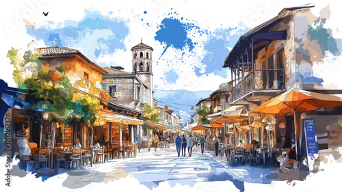 Skopje Old Bazaar. Skopje Old Bazaar watercolor vector illustration