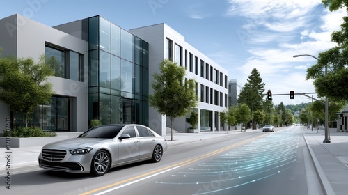 Autonomous vehicle on city street, futuristic overlay
