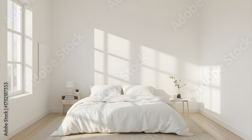 A minimalist white bedroom bathed in natural light, featuring a neatly made bed and simple bedside tables.