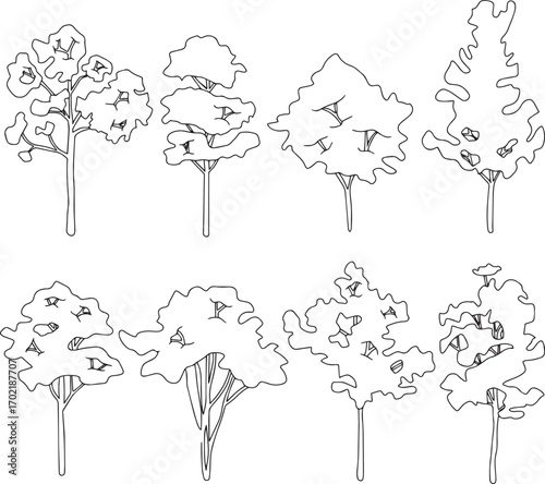 cad drawings. Cad tree line minimal style, set of graphics trees elements outline symbol for architecture and landscape design drawing. Vector illustration.