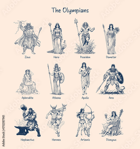 Engraving set of greek mythological gods in classical poses, traditional fantasy art sketch style.
