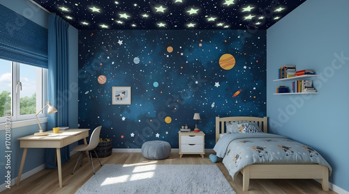 A child's bedroom decorated with a vibrant space theme, featuring a galaxy mural on the walls and glow-in-the-dark stars on the ceiling.