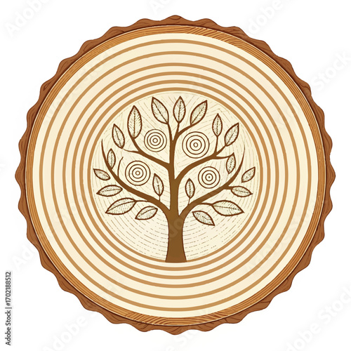 Stylized Tree of Life on Wooden Cross-Section:  Warm, Rustic, Eco-Friendly Design Element.