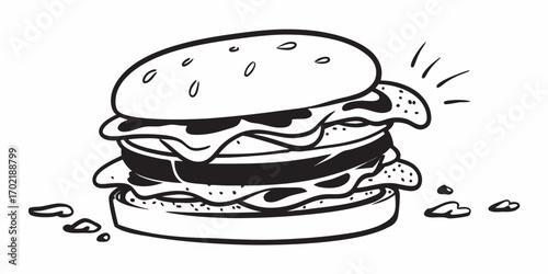 A black and white illustration of a cheeseburger. A bun with sesame seeds. Underneath, there are layers of cheese, a patty, lettuce, and vegetables. The burger looks thick and layered.