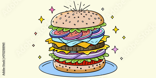 Illustration of a delicious hamburger with a sesame-topped bun, two layers of meat, cheese, tomato, and fresh lettuce. Find brilliant ideas while eating this.