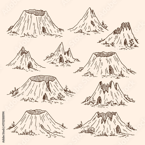 Detailed vintage engraving of volcano mountains with crater shapes, natural geology landscape illustration.