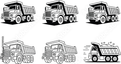 Collection of Six Dump Truck Illustrations in Black and White