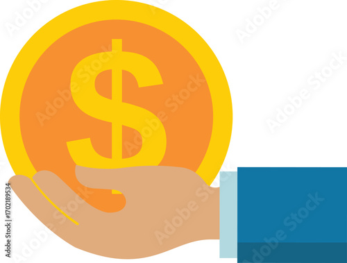 Art & Illustration Title: "Hand Holding Dollar Coin Representing Financial Support or Payment"
