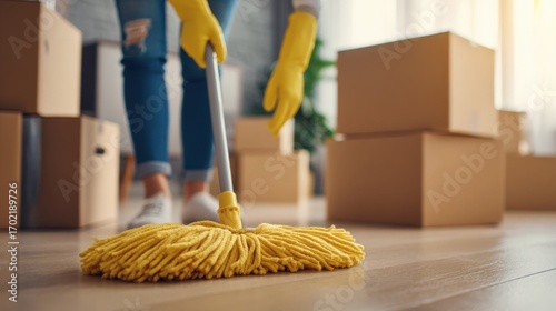 Woman mopping hardwood floor in new house with cardboard boxes after relocation or spring cleaning