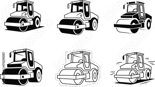 Collection of Six Road Roller Illustrations in Black and White