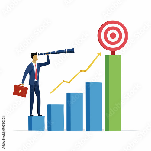Vector Businessman with Telescope on Bar Chart – Long-Term Vision and Strategy Concept
