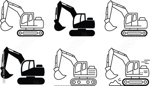 Collection of Excavator Icons in Various Styles and Actions