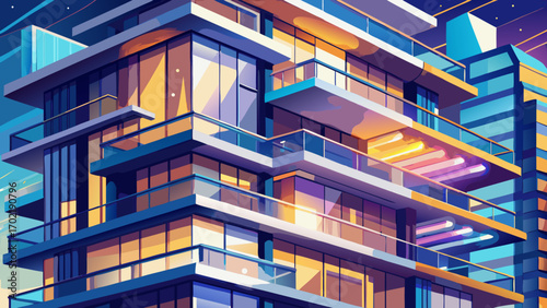 Fragment of a modern apartment tower, featuring layered balconies, reflective glass surfaces, and elegant lighting fixtures, offering a luxurious and cutting-edge perspective on city life and stylish 