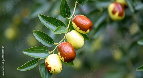 Fresh jujube fruits ripening on a tree branch. Organic Chinese dates with green leaves, ready for harvest in nature.