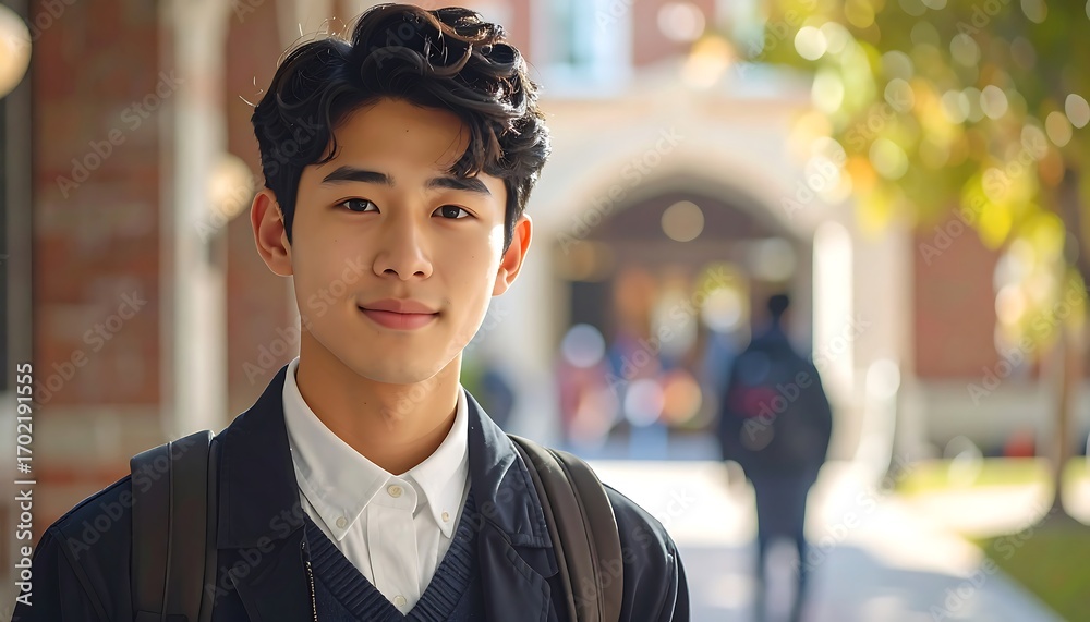 Fototapeta premium A young man with a warm smile, dressed in casual attire, stands outside a campus building.
