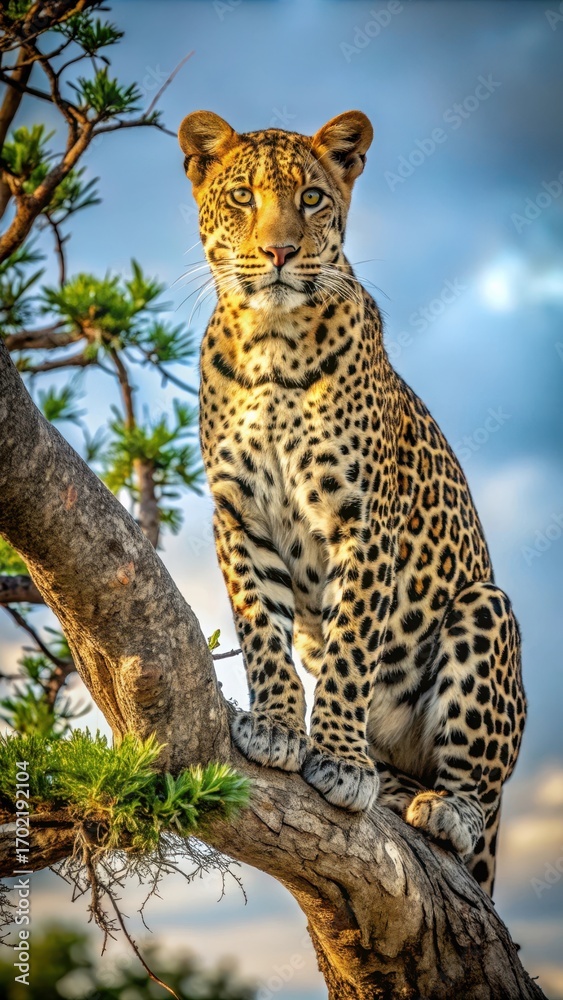 Fototapeta premium Alert leopard gazing from a high perch in the treetops surveying its territory with sharp instincts