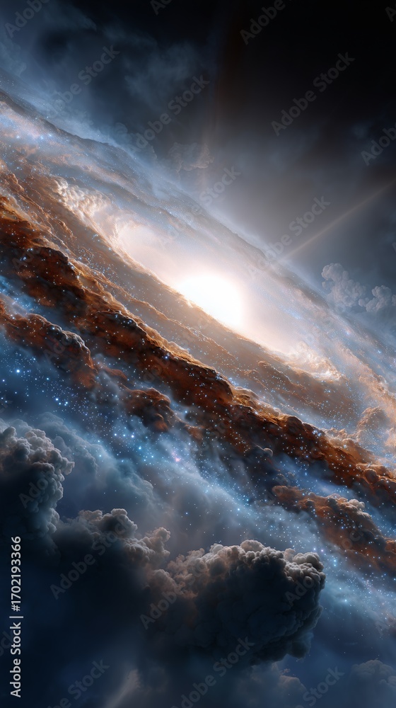 Naklejka premium authentic universe with a massive, white glowing sun at its center, surrounded by a swirling, dust-filled galaxy. The sun's light creates a halo and illuminates nearby planets