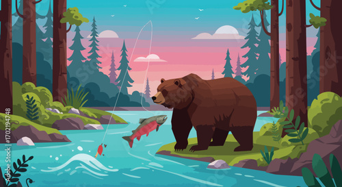 Brown bear fishing for salmon in a vibrant forest river scene