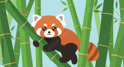 Adorable cartoon red panda nestled among green bamboo stalks