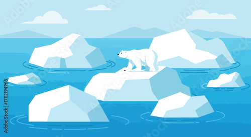 Polar Bear Walking on Ice Floes in Arctic Ocean