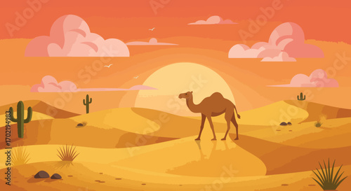 Lone Dromedary Camel Walking Across Desert Sand Dunes