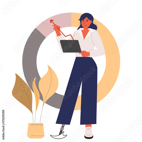Disabled happy businesswoman with laptop for strategy, planning, digital advertising, social media and communication concept. Vector Illustration.