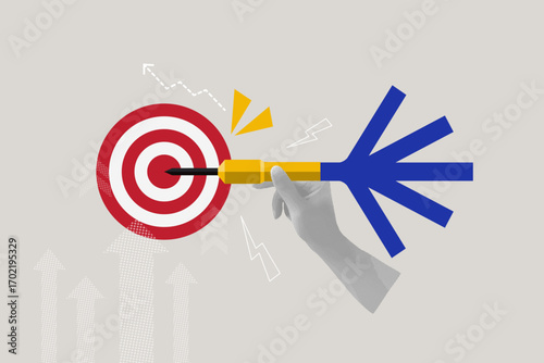 Trendy halftone collage. Hand holding dart to target concept. Business goal setting, aiming, focus concept. Vector Illustration