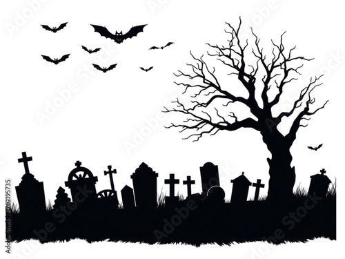Spooky New Vector Silhouette for Halloween Day Featuring Flying Bats, an Old Gnarled Tree, and a Grave Design on a Transparent Background.