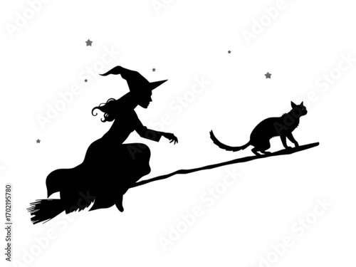 A Whimsical and Mysterious New Vector Design of a Cat and a Witch on a Broomstick, Blending a Transparent Background with a Classic Halloween Theme.