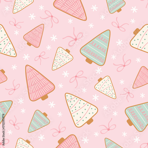 A cute and whimsical seamless pattern featuring gingerbread Christmas trees and bows on a soft pink background. Perfect for holiday stationery, wrapping paper, and textiles. Vector illustration.
