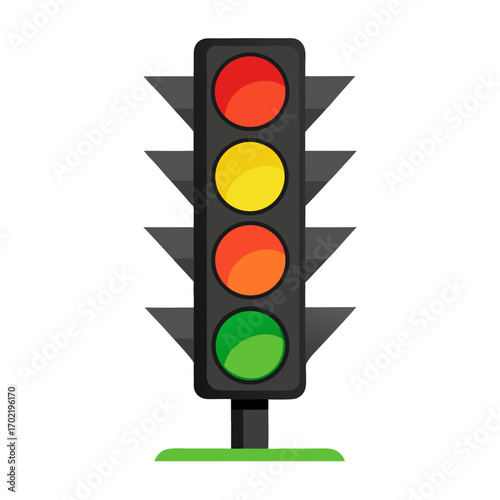  traffic light with glowing red, yellow, and green lights on white background