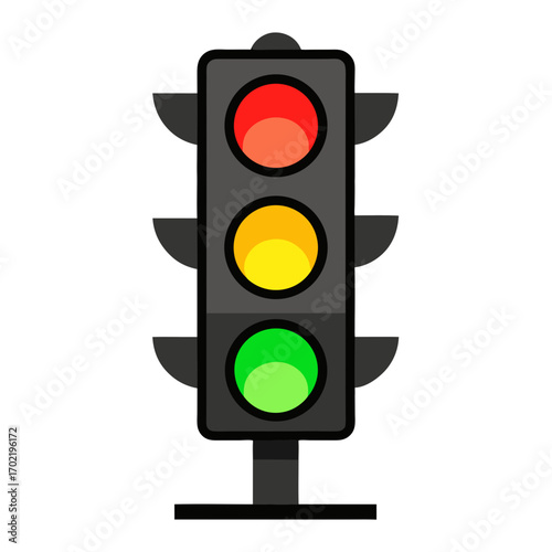  traffic light with glowing red, yellow, and green lights on white background