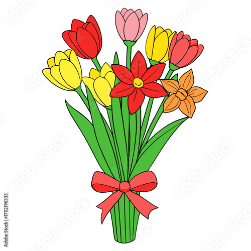 A bouquet of red tulips and yellow daffodils with a pink ribbon on a white background