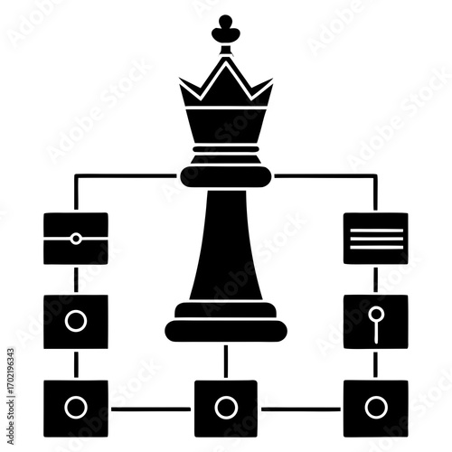 A strategic chess board with a golden king and flowchart elements on a white background