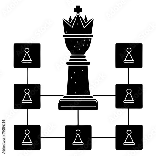 A strategic chess board with a golden king and flowchart elements on a white background