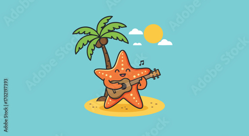Adorable Orange Starfish Playing Ukulele on a Tropical Island
