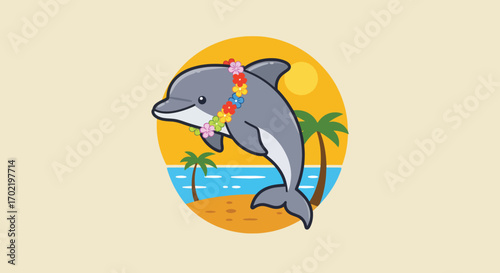Adorable cartoon dolphin wearing a colorful flower lei on a tropical beach