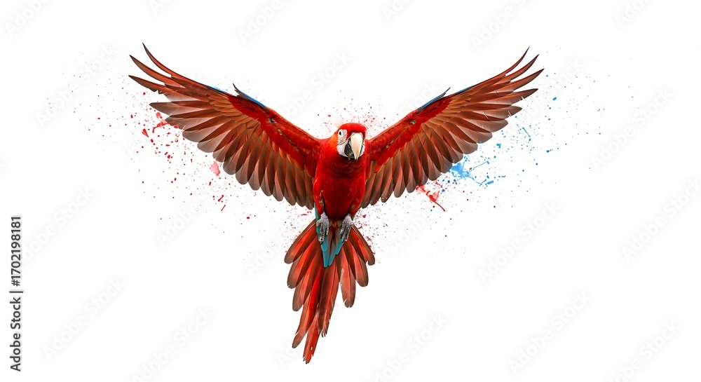 Fototapeta premium Vibrant red macaw parrot with wings spread wide, symbolizing freedom and exotic beauty
