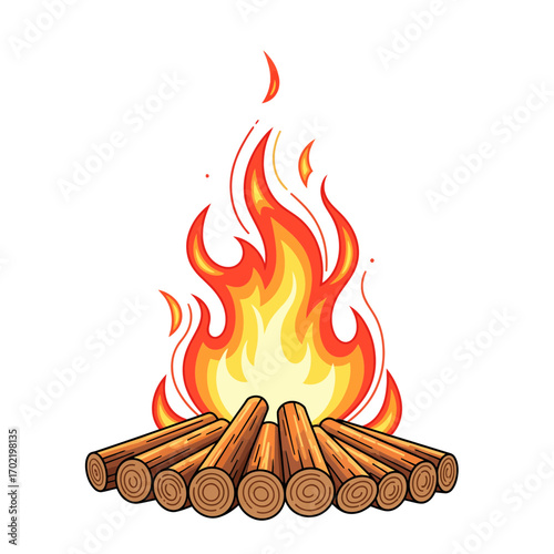 Vibrant cartoon illustration of a burning bonfire with stacked logs and bright orange and yellow flames on a white background, symbolizing warmth and outdoor activities.