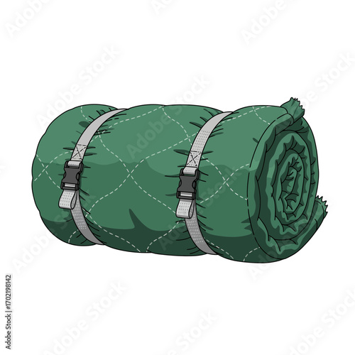 Rolled-up green camping mat secured with straps, ready for outdoor adventures and travel.