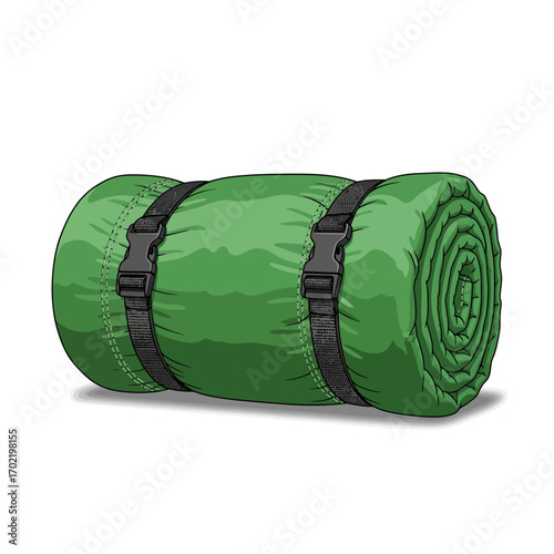 A rolled-up green sleeping bag secured with black straps and buckles, ready for outdoor adventures.