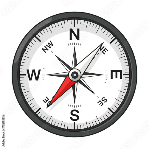 A detailed illustration of a classic compass with cardinal directions and a red needle.