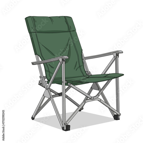 Green folding camping chair with armrests, perfect for outdoor relaxation and comfort.