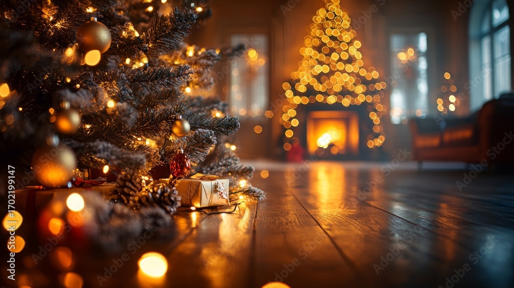 Obraz premium A Christmas tree with garlands and gifts creates a festive atmosphere for greeting cards, New Year's promotions, and family photo albums.