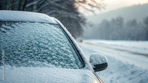 Commercial high-resolution photo of close up view of snowy windshield on a car in winter with ample copy space image included.