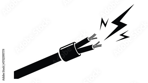 Damaged electrical cable with sparks isolated on white background flat icon