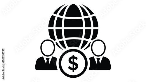 Global business and finance concept with globe, people and dollar sign isolated on white background flat icon