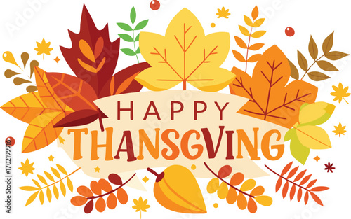 Happy Thanksgiving card with autumn leaves on a transparent background