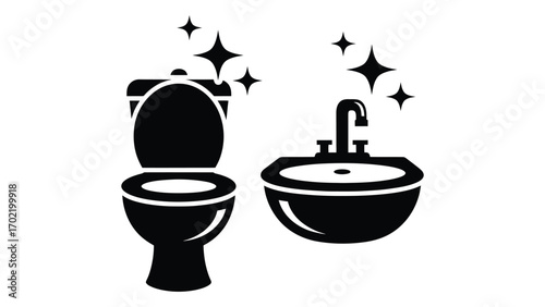Toilet and sink with sparkles isolated on white background flat icon