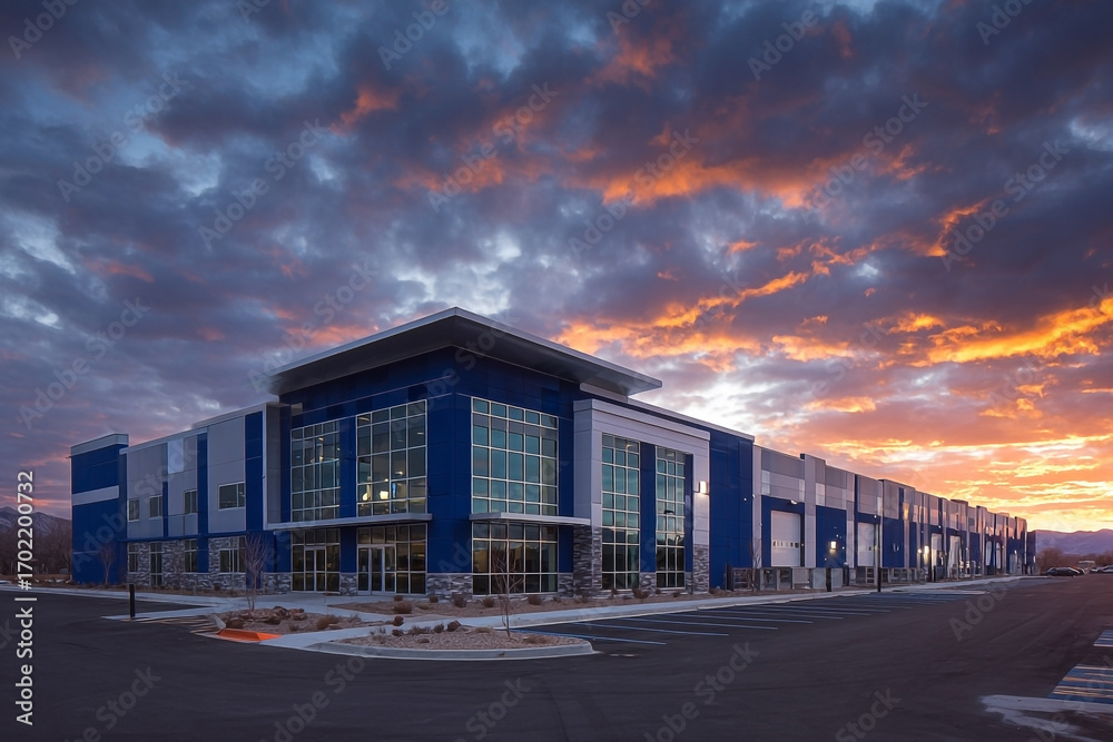 Obraz premium Contemporary commercial building bathed in the warm hues of the sunset's embrace
